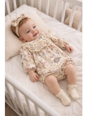 Minicayzen Çiçek Desenli Dantel Yaka Kız Bebek Romper Takımı (3-12 Ay)