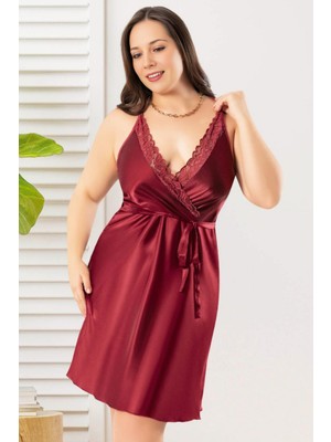 Homay Büyük Beden Dantel Detaylı Yakası Bağcıklı Çapraz Askılı Saten Gecelik