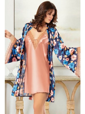 Homay 2'li Saten Çiçek Desenli Sabahlık ve Güpürlü Gecelik Takımı