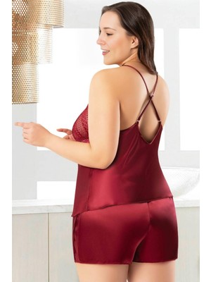 Homay 2'lli Büyük Beden Dantel Göğüs Detaylı Çapraz Askılı Şortlu Saten Pijama Takımı