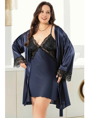 Homay 2'li Büyük Beden Göğsü ve Kolu Dantel Işlemeli Saten Gecelik ve Sabahlık Takımı
