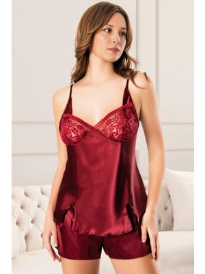 Homay 2'li Göğsü Dantel Detaylı Şortlu Saten Pijama Takımı