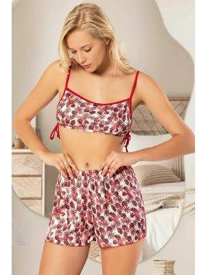 Homay 2'li Çiçek Desenli Bağcıklı Bralet ve Şortlu Saten Pijama Takımı