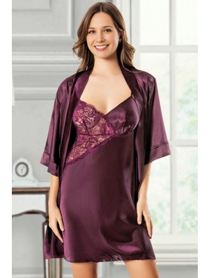 Homay 2'li Asimetrik Dantel Işlemeli Saten Gecelik ve Sabahlık Takımı