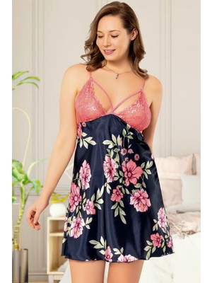 Homay Büyük Beden Göğsü Dantelli Çiçek Desenli Saten Gecelik