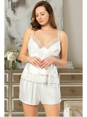 Homay 2'li Büyük Beden Dantel Kenarlıklı Şortlu Saten Pijama Takımı