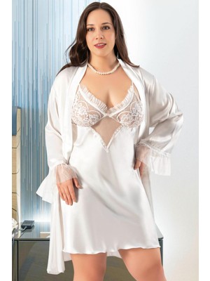 Homay 2'li Büyük Beden Göğsü Dantelli Tül Detaylı Saten Gecelik ve Sabahlık Takımı