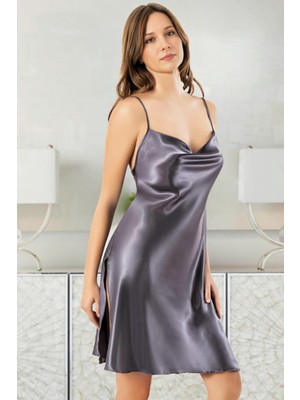 Homay Degaje Yakalı Yırtmaçlı Saten Gecelik