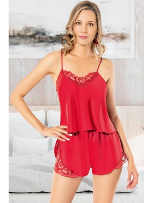 Homay 2'li Dantel Detaylı Yırtmaçlı Şortlu Saten Pijama Takımı