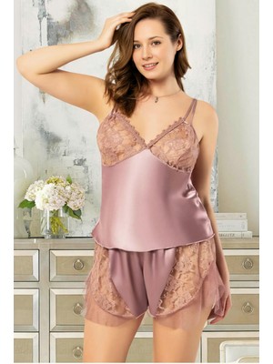 Homay 2'li Büyük Beden Dantel Işlemeli Tül Paçalı Şortlu Saten Pijama Takımı