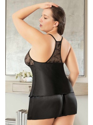 Homay 2'li Büyük Beden Göğsü Desenli Tüllü Şortlu Saten Pijama Takımı