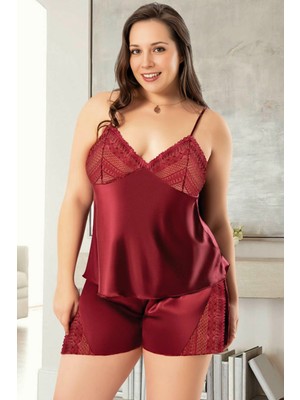 Homay 2'li Büyük Beden Dantel Işlemeli Derin Yırtmaçlı Şortlu Saten Pijama Takımı