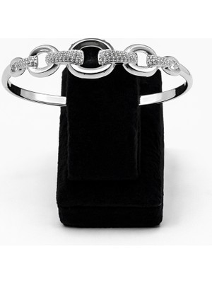 Pangu Halkalı Zirkon Taş Detaylı Gümüş Renk Çelik Kelepçe Bilezik