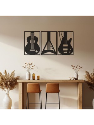 Sscnc Modern Müzik Temalı Mdf Duvar Dekoru – 3’lü Gitar Seti (Siyah)