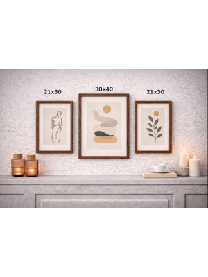 Yalın Cam Çerçeve Modern Minimal Ceviz (Kahverengi) Renkli Çerçeve Seti | 3’lü Duvar Tablosu | Pleksi Camlı
