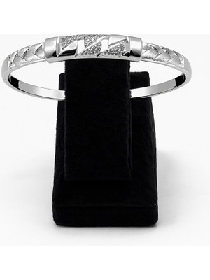 Pangu Örgü Desenli Geometrik Zirkon Taş Detaylı Gümüş Renk Çelik Kelepçe Bilezik