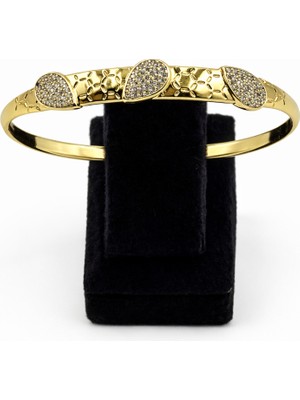 Pangu Oval Zirkon Taş Detaylı Altın Renk Çelik Kelepçe Bilezik