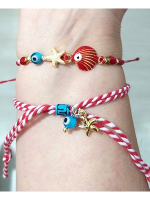 Funny Takı Kırmızı Deniz Kabuklu Nazar ve Çek Cam Boncuklu Bileklik ve Marteniçka Bileklik