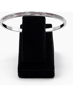 Pangu Pembe Zirkon Taş Detaylı Gümüş Renk Çelik Kelepçe Bilezik