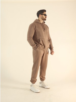 EYDAMOON Erkek Kahve Kışlık Içi Polarlı Puf Kumaş Kapüşonlu 3iplik Kanguru Cepli Lastikli Paça Eşofman Takımı