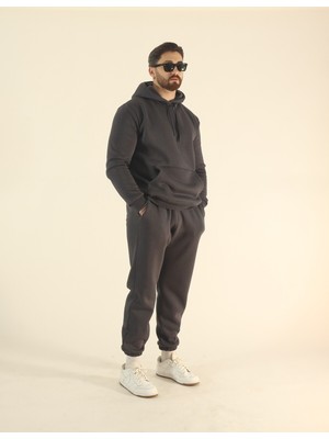 EYDAMOON Erkek Füme Kışlık Içi Polarlı Puf Kumaş Kapüşonlu 3iplik Kanguru Cepli Lastikli Paça Eşofman Takımı