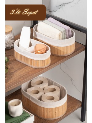PremiumPort Oval 3'lü Bambu Sepet Seti, Dekoratif ve Organizer, Banyo ve Mutfak Için