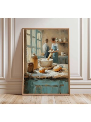 Ninastore Rustik Mutfak Natürmort Sanat Baskısı | Ekmek ve Un Yağlı Boya Tablo Posteri | Çiftlik Evi Duvar San