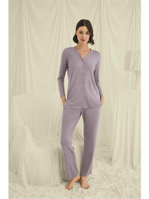MOTTO10 Butik Uzun Kollu Boydan Düğmeli V Yaka Pijama Takımı