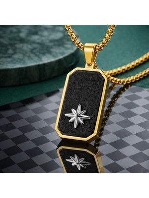 Karbon Fiber Erkek Kolye – Altın Renk Yıldız Detaylı Paslanmaz Çelik Kuzey Yıldız Pusula Kolye