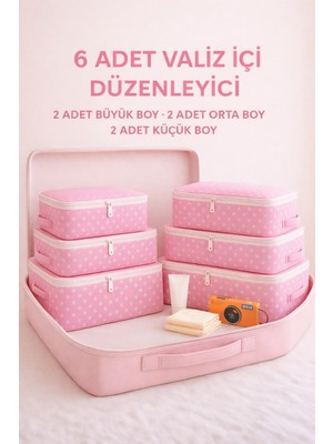 PremiumPort 6 Parça Pembe Desenli Seyahat Organizer Seti, Hafif ve Şık Çanta Takımı