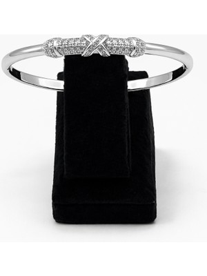 Pangu Zirkon Taşlı Düğüm Detaylı Gümüş Renk Çelik Kelepçe Bilezik