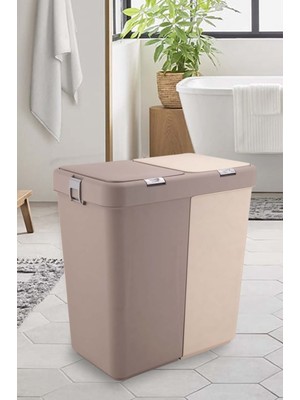 PremiumPort Ikili Kirli Sepet, 80 Lt, Dokunmatik Kapak, Çamaşır ve Kahve Krem Renk