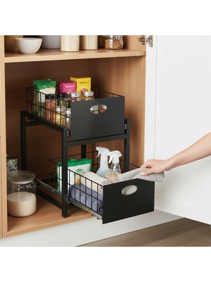 PremiumPort Siyah 2 Çekmeceli Çok Amaçlı Organizer Sepet 25X42 cm Raylı Sistem
