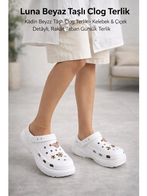 Sonimix Kadın Taşlı Clog Terlik – Beyaz / Krem / Siyah, Kelebek & Çiçek Detaylı, Rahat Taban Günlük Terlik