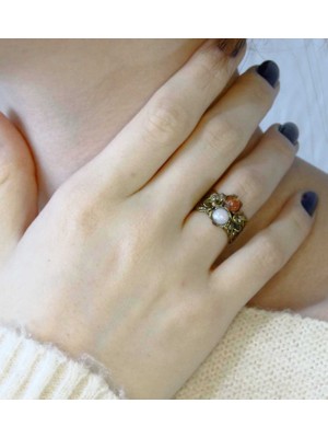 Esha Ikili Doğal Taşlı Çiçek Motifli Antik Kadın Ayarlanabilir Yüzük Ay Taşı Güneş Taşı EUY22AG