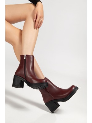 Shemard Bordo Fermuarlı Kalın Topuklu Günlük Kadın Bot