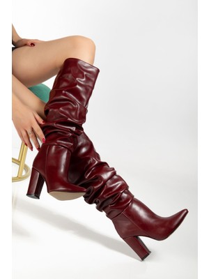 Shemard Bordo Kırışık Sivri Burun Körüklü Kalın Topuk Günlük Kadın Çizme