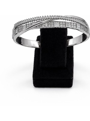 Pangu Zirkon Taş Detaylı Çapraz Tasarımlı Gümüş Renk Çelik Kelepçe Bilezik