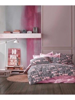 UYGURİYE Çift Kişilik Nevresim Takımı Yorgan Kılıfı %70 Pamuklu Kalp Desen + Lastikli Çarşaf+2 Yastık Kılıfı