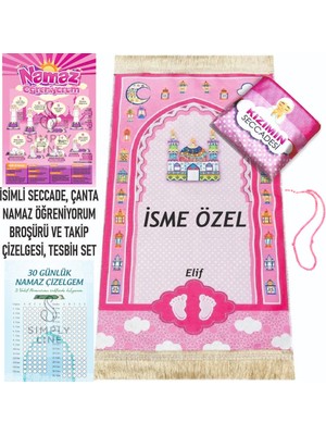 Simply Line Isimli Çantalı Erkek Kız Çocuk Seccadesi Namaz Öğretici Broşür, Takip Çizelgesi ve Tesbih Seti