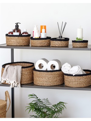 PremiumPort 7'li Doğal Hasır ve Jute Çok Amaçlı Organizer Seti Siyah Kenarli