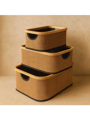 PremiumPort Şık Bambu Detaylı 3'lü Sepet Seti, Siyah Renk, Ev ve Dekorasyon Için