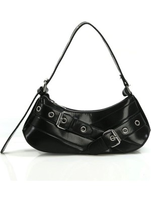 Melisa Çanta Eşarp Kadın Siyah Baget Kemer Detaylı  Tokalı Omuz Çantası