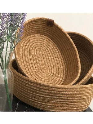 PremiumPort 3'lü Oval Hasır Sepet Seti, Gold ve Kahve Renkli, 18X28CM