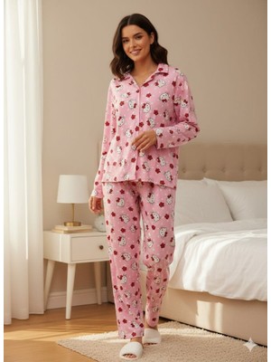 Mavera Boston Kedi Baskılı Gömlek Yaka Pijama Takımı