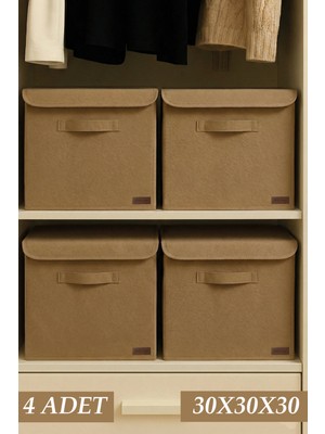 PremiumPort 4’lü Bej Kapaklı Kumaş Dolap Içi Düzenleyici Kutu, Katlanabilir, 30X30X30 cm