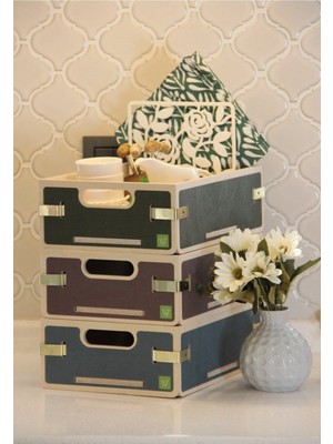 PremiumPort 3'lü Ahşap Dikdörtgen Sepet Organizer, Düzenleyici, 27X19X8CM