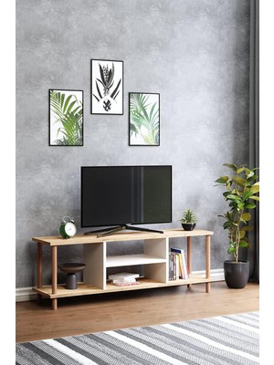 Braventa Collection Intergo-Tv Sehpası Raflı Tv Ünitesi Televizyon Sehpası Ahşap Ayaklı (Atlantik Çam, Beyaz)