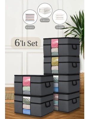 PremiumPort 6'lı Mega Boy Yorgan Saklama Kutusu, Pencereli, Antrasit, 75X40X40 cm