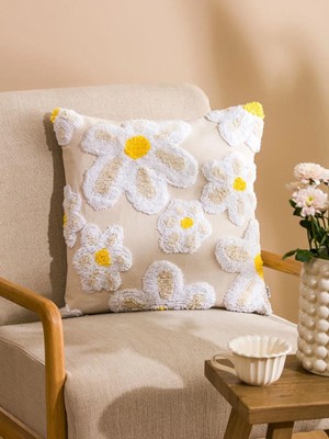 LC Waikiki Bej Çiçek Desenli Kırlent Kılıfı 45X45 cm  (S6)